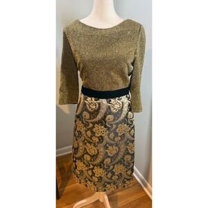 J. Peterman Electric Light Dress Size 10 Gold Black Metallic Brocade